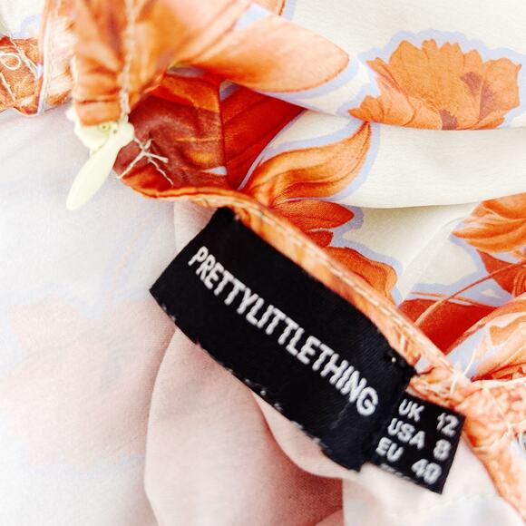 Pretty Little Thing Orange Floral Print Satin Cowl Neck Maxi Dress Size 8 - Picture 7 of 11